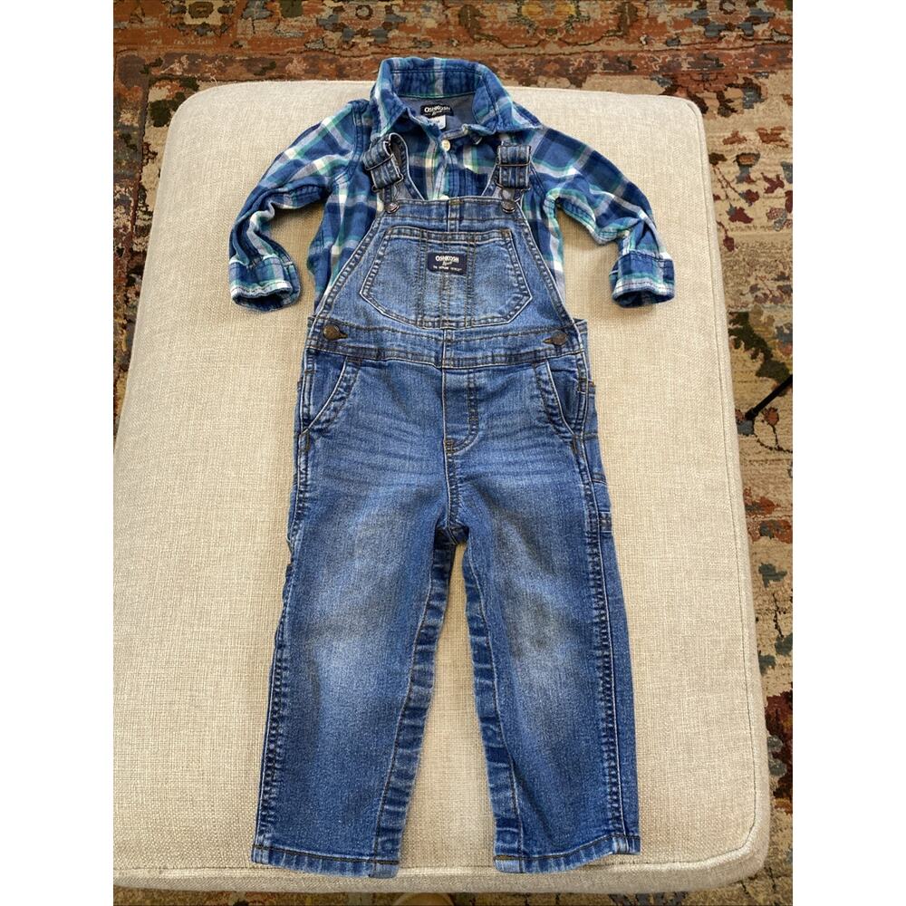 OshKosh B'Gosh 24 Mths Toddler Denim Overalls Flannel Plaid Button LOT of 2